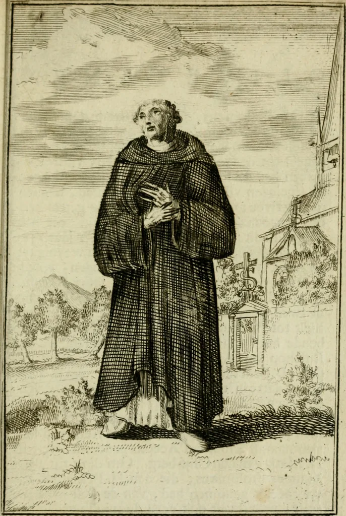 An illustration from Nette afbeeldingen der eyge dragten van alle geestelyke orders : nevens een korte aantekening van haar begin, instelders, en bevestiging, 1688, leaf 90