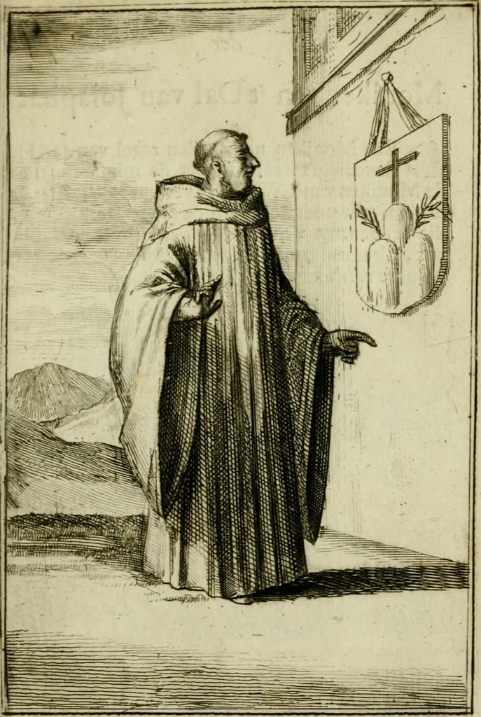 An illustration from Nette afbeeldingen der eyge dragten van alle geestelyke orders : nevens een korte aantekening van haar begin, instelders, en bevestiging, 1688, leaf 92