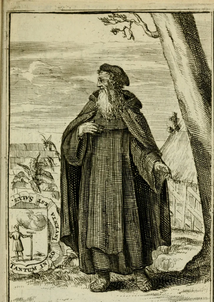 An illustration from Nette afbeeldingen der eyge dragten van alle geestelyke orders : nevens een korte aantekening van haar begin, instelders, en bevestiging, 1688, leaf 98