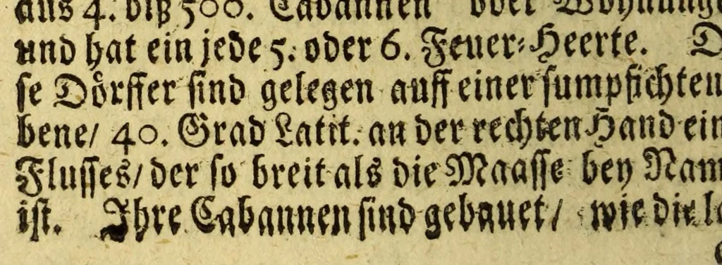 An illustration from Neue Entdeckung vieler sehr grossen Landschafften in America zwischen Neu-Mexico und dem Eyss-Meer gelegen, welche bisshero denen Europäern noch unbekand gewesen, und an Grösse gantz Europa übertreffen. : Wie auch eine völlige Beschreibung des erschrecklichen Wasser-Falles von Niagara, welcher der grösseste in der gantzen Welt ist, und des grossen Flusses Meschasipi, so in einer Länge son 800. Reissen durch diese Länder fliesset, nemlich von dessen Uhrsprung biss zu seiner Ergiessung in den Golff von Mexico[.] Imgleichen der wilden Einwohner barbarischen Manieren und Lebens-Ahrt, sambt vielen Seltenheiten. Sr. Gross-Brittannis. Maj. Wilhelm dem III. in Frantzösis. Sprache überreichet und beschrieben von R.P. Ludovy., 1699, leaf 208