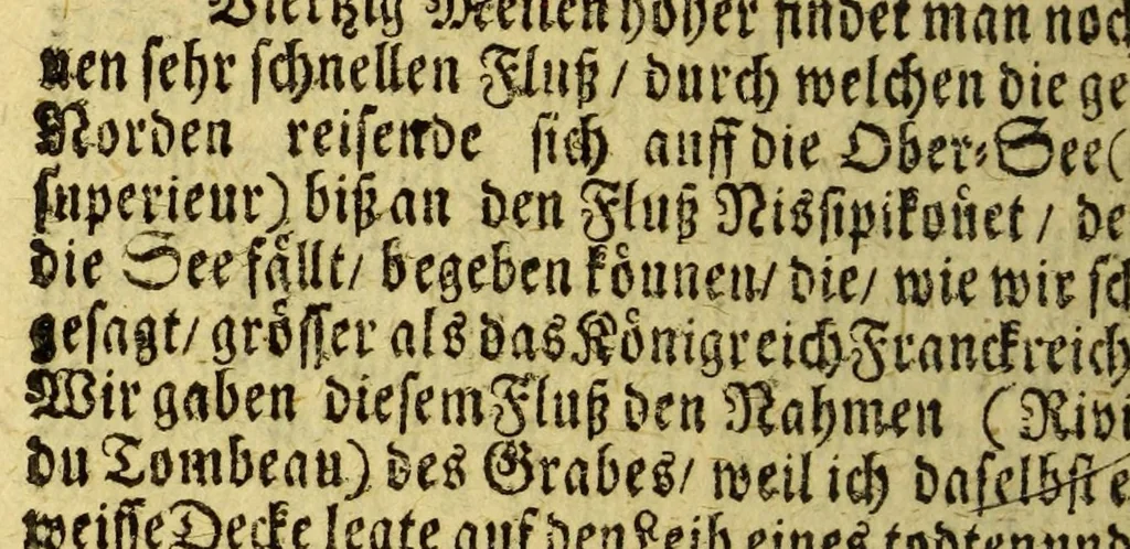 An illustration from Neue Entdeckung vieler sehr grossen Landschafften in America zwischen Neu-Mexico und dem Eyss-Meer gelegen, welche bisshero denen Europäern noch unbekand gewesen, und an Grösse gantz Europa übertreffen. : Wie auch eine völlige Beschreibung des erschrecklichen Wasser-Falles von Niagara, welcher der grösseste in der gantzen Welt ist, und des grossen Flusses Meschasipi, so in einer Länge son 800. Reissen durch diese Länder fliesset, nemlich von dessen Uhrsprung biss zu seiner Ergiessung in den Golff von Mexico[.] Imgleichen der wilden Einwohner barbarischen Manieren und Lebens-Ahrt, sambt vielen Seltenheiten. Sr. Gross-Brittannis. Maj. Wilhelm dem III. in Frantzösis. Sprache überreichet und beschrieben von R.P. Ludovy., 1699, leaf 298
