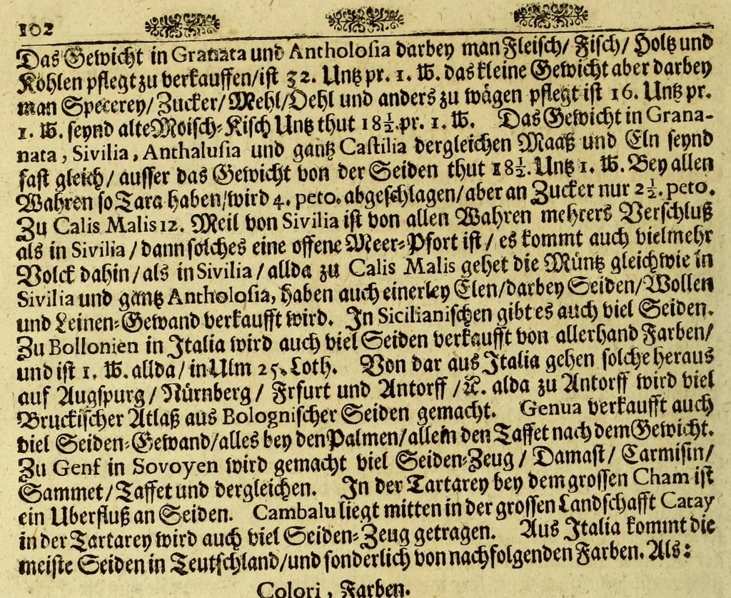 An illustration from Neu-eingerichtete Material-Kammer: : das ist, Gründliche Beschreibung aller fürnehmsten Materialien und Specereyen, so wohl auch andrer guter und gemeiner Waaren, woher solche den Ursprung nehmen, wie sie zu erkennen, gut zu behalten, und endlich die Prob derselben darauf zu machen, umb zu sehen, ob solche verfälscht und wie die Verfälschung darinnen zu mercken sey. Samt einer Erklärung: der chimischen, medicinischen, metallinischen, mineralischen und andere Characteren, was nehmlich solche für Bedeutungen insich halten. Wobey angehängt ein aussführlicher Bericht des Walfisch-Fanges in der nordischen Landen, dessgleichen niemals also in Teutscher Sprach beschrieben worden; und hernach eine kurtze Revision oder Wiederholung meines in An. 1662. aussgegangenen Buchhaltens, darinnen nicht allein meist alle Puncten besser erklärt und erläutert; sondern auch an vielen Orten vermehret, dazu ein und anders, welches vorhero nicht also beschrieben gewesen, anjetzo aber besser und deutlicher vorgestellet wird. Zuvor niemals also in Druck ausgegangen. Allen Liebhabern der Handlungen und Kauffmannschafften zum besten, mit guten Nutz und Frommen eingerichtet, 1672, leaf 142