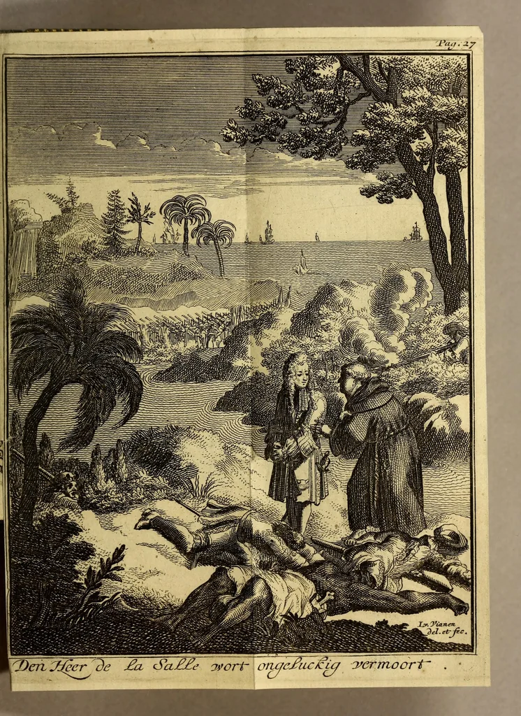 An illustration from Neue Reise-Beschreibung durch viele Länder, weit grösser, als gantz Europa, : die neulichst zwischen Neu-Mexico und dem Eiss-Meer in America entdecket worden. Worinn enthalten eine besondere Beschreibung der Länder, Sitten und Bewohnheiten der wilden Völcker in dem süd-und norder-Theil der neuen Welt, und was für Vortheil man aus der Auffrichtung neuer Colonien in diesen Ländern schöpffen konne; wie auch eine Anweisung durch einen kürtzern Weg als bissher ohne Pasfirung der Equinoctial-Linie nach China und Japan zu kommen. Nebst einer genauen Erzehlung von dem Unterfangen des Herrn von Salle auff die Gold-Minen zu St. Barbe, im gleichen von der Eroberung der Stadt Quebeck in Canada durch die Engelländer., 1698, leaf 83