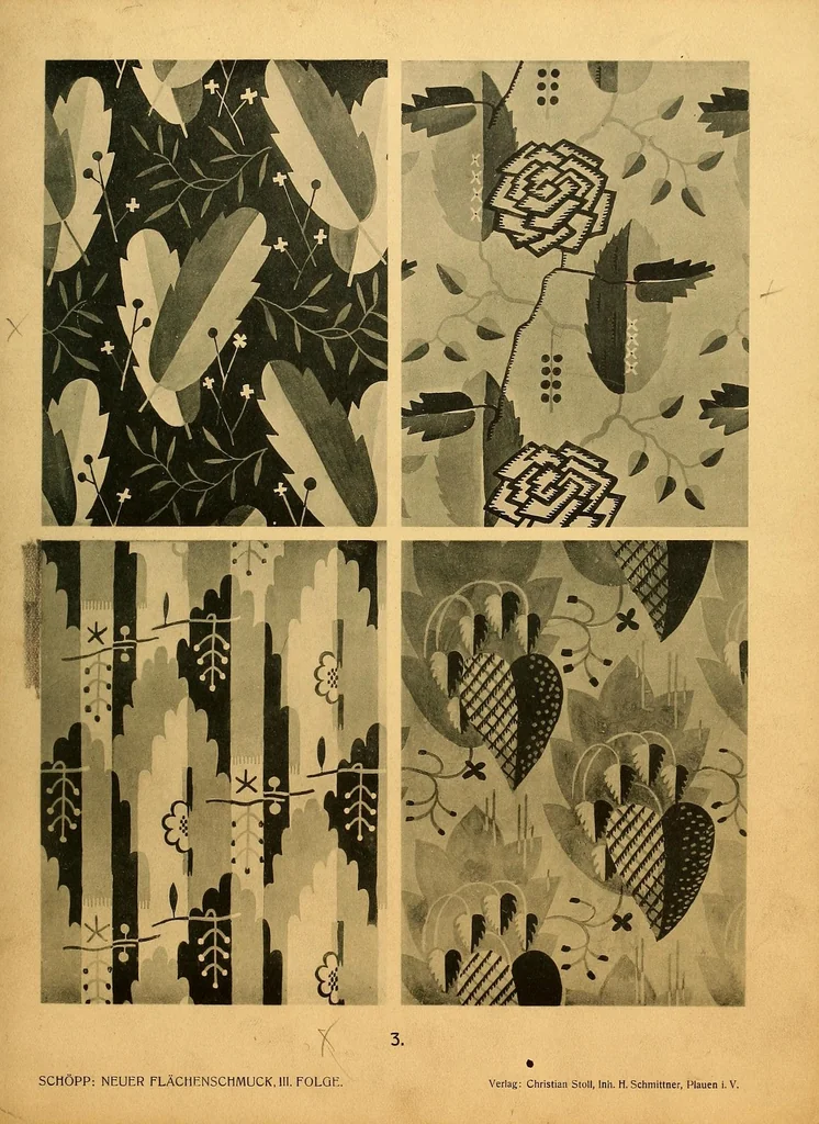 An illustration from Neuer Flächen-Schmuck, III. Folge... Ornamentale Anregungen für die Textilindustrie, 1929, leaf 9