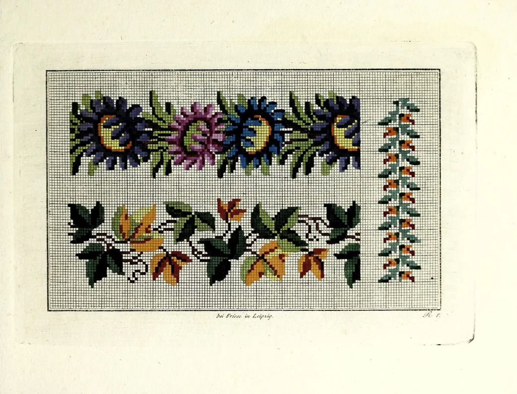 An illustration from Neueste portefeuille für freundinnen weiblicher Kunst-Arbeiten : eine Auswahl von Guirlanden, allerlei Blumen, Kränzen, Bouquets, Fruchtkörben, Schmetterlingen, Kanten, Arabesken u.s.w. zum künstlichen Stricken, Häkeln, zur Tapisserie- und Mosaik-Arbeit, leaf 13