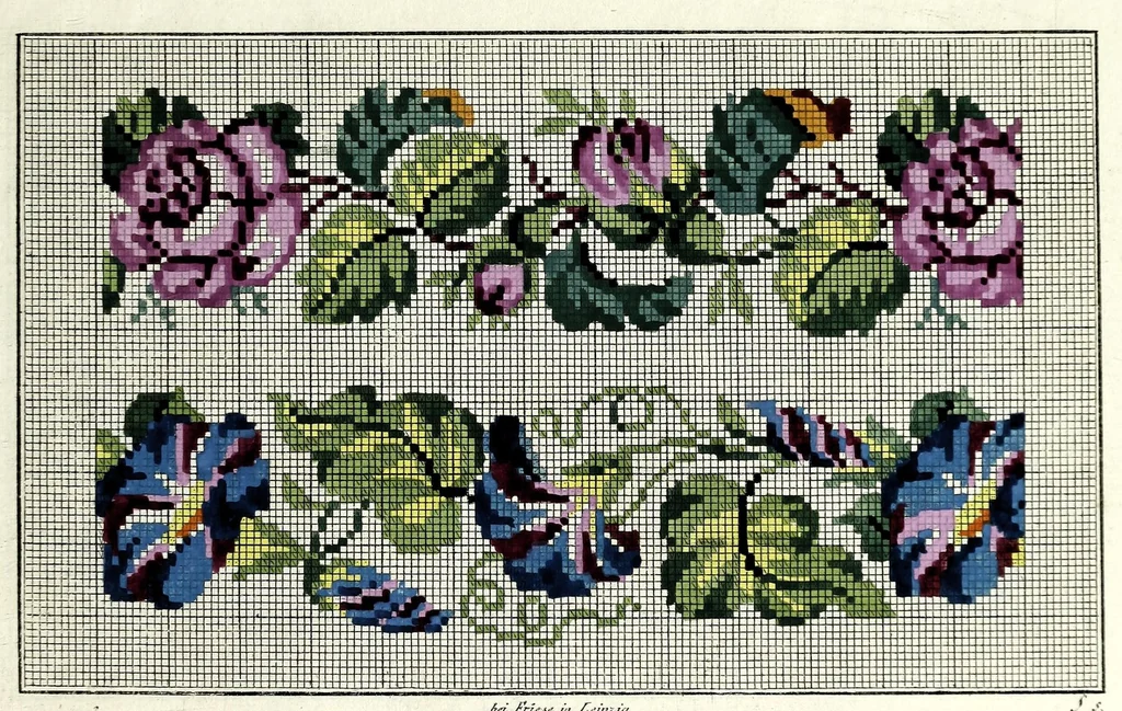 An illustration from Neueste portefeuille für freundinnen weiblicher Kunst-Arbeiten : eine Auswahl von Guirlanden, allerlei Blumen, Kränzen, Bouquets, Fruchtkörben, Schmetterlingen, Kanten, Arabesken u.s.w. zum künstlichen Stricken, Häkeln, zur Tapisserie- und Mosaik-Arbeit, leaf 15