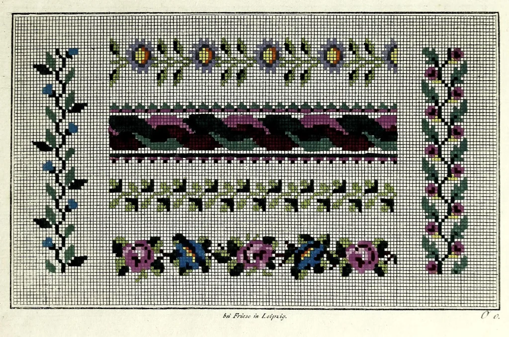 An illustration from Neueste portefeuille für freundinnen weiblicher Kunst-Arbeiten : eine Auswahl von Guirlanden, allerlei Blumen, Kränzen, Bouquets, Fruchtkörben, Schmetterlingen, Kanten, Arabesken u.s.w. zum künstlichen Stricken, Häkeln, zur Tapisserie- und Mosaik-Arbeit, leaf 7