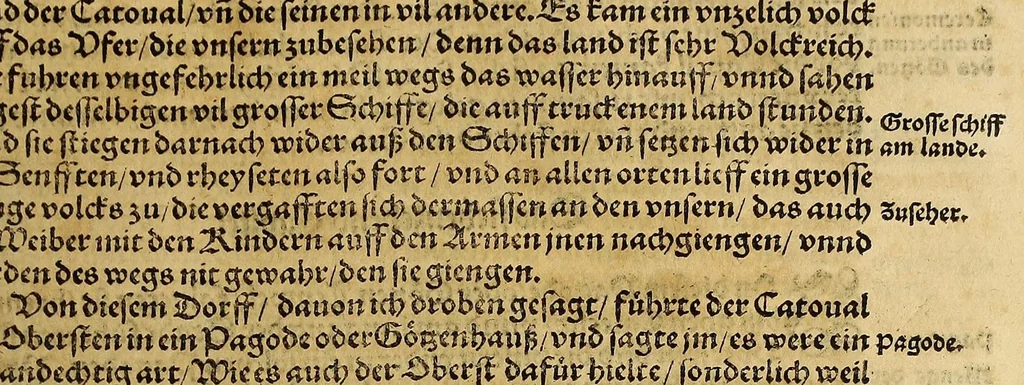 An illustration from Neue Welt : das ist, warhafftige Beschreibunge aller schönen Historien von Erfindung viler vnbekanten Königreichen, Landschafften, Insulen vnnd Stedten ... Dergleichen vorhin in Keinen Chronicken beschrieben ... zur Fürderung des gemeinen Nutzes zusamen getragen., 1567, leaf 59