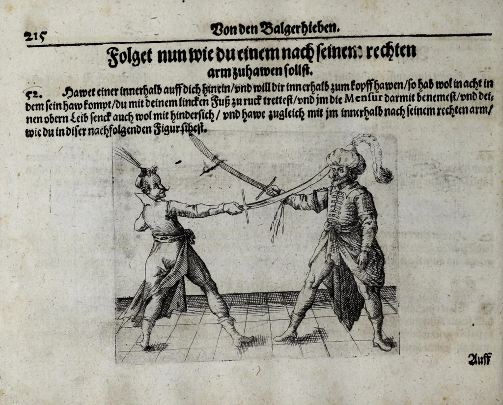 An illustration from Neu kunstlich Fechtbuch: darinnen 500 Stuck im ainfachen Rapier, wie auch ettliche im Rapier vnd Dolch, dess weltberümbten Fecht- [vnd Lehrmeisters] Sig. Salvator Fabri da Padoa, so wol auch anderer italienisch[e]n vnd französischen Fechter beste Kunststuck, nach rechter Lini vnd fundamentalischer Ordnung, 1616, leaf 248