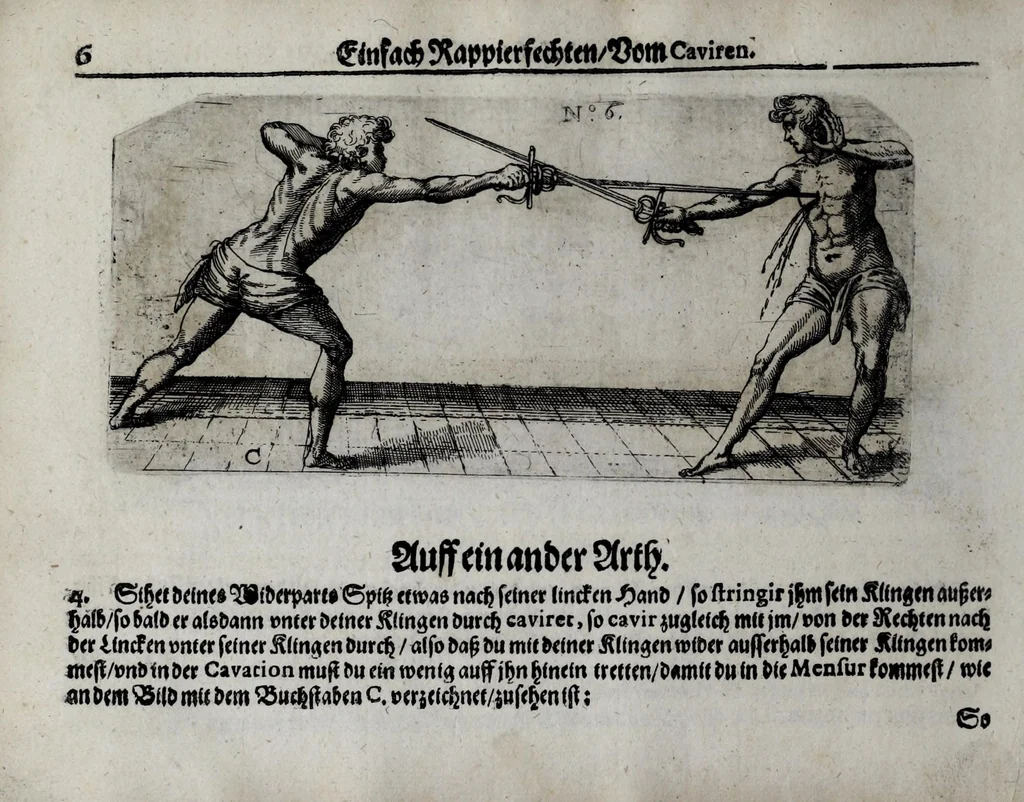 An illustration from Neu kunstlich Fechtbuch: darinnen 500 Stuck im ainfachen Rapier, wie auch ettliche im Rapier vnd Dolch, dess weltberümbten Fecht- [vnd Lehrmeisters] Sig. Salvator Fabri da Padoa, so wol auch anderer italienisch[e]n vnd französischen Fechter beste Kunststuck, nach rechter Lini vnd fundamentalischer Ordnung, 1616, leaf 26