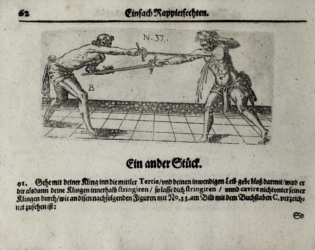 An illustration from Neu kunstlich Fechtbuch: darinnen 500 Stuck im ainfachen Rapier, wie auch ettliche im Rapier vnd Dolch, dess weltberümbten Fecht- [vnd Lehrmeisters] Sig. Salvator Fabri da Padoa, so wol auch anderer italienisch[e]n vnd französischen Fechter beste Kunststuck, nach rechter Lini vnd fundamentalischer Ordnung, 1616, leaf 82