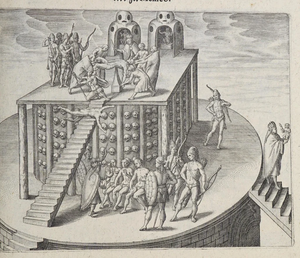 An illustration from Neundter vnd letzter Theil Americae, : darin[n] gehandelt wird, von Gelegenheit der Elementen, Natur, Art vnd eigenschafft der Newen Welt: item von derselben Völcker, abergläubischen Götzendienst, Policey vnd Regiments Ordnung: beneben einem seinen register oder Catalogo, aller Könige, von anfang ihrer Königreich an, biss auff den letzten König der Mexicaner, Motec̦uma genannt, den andern dess Nahmens, sampt eygentlicher Beschreibung der Wahl, Krönung, vnd Todt derselben, vnd letzlich was diese Indianer für Krieg wider einander geführet haben. Alles auffs trewlichste aus Niederländischer Beschreibung Iohan. Hugen von Lintschotten, in vnser Hochteutsche Sprache versetzet, durch Iohannem Humberger Wetterauium. Ferner auch von der Reise der fünff Schiffe, so im Junto dess 1598. Jahrs, in Hollandt aussgefahren, der meynung, durch das Fretum Magelanum, zu den Moluckischen Inseln zu Schiffen, wie sie nemlich von einander kommen vnd zerstrewetworden, also dass nur allein der Hauptmann Sebald de Weert, sampt noch einem Schiff beysammen blieben, vnd auff die vier Monat lang, mit grosser gefahr in dem Freto sich auffgehalten, welcher auch endlich, als er vber die 2. Jahr auff solcher Reise elendiglich zugebracht, mit einem Schiffe, Anno 1600. vnverrichter Sache wider anheim kommen., 1601, leaf 431