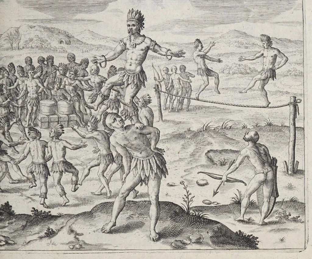 An illustration from Neundter vnd letzter Theil Americae, : darin[n] gehandelt wird, von Gelegenheit der Elementen, Natur, Art vnd eigenschafft der Newen Welt: item von derselben Völcker, abergläubischen Götzendienst, Policey vnd Regiments Ordnung: beneben einem seinen register oder Catalogo, aller Könige, von anfang ihrer Königreich an, biss auff den letzten König der Mexicaner, Motec̦uma genannt, den andern dess Nahmens, sampt eygentlicher Beschreibung der Wahl, Krönung, vnd Todt derselben, vnd letzlich was diese Indianer für Krieg wider einander geführet haben. Alles auffs trewlichste aus Niederländischer Beschreibung Iohan. Hugen von Lintschotten, in vnser Hochteutsche Sprache versetzet, durch Iohannem Humberger Wetterauium. Ferner auch von der Reise der fünff Schiffe, so im Junto dess 1598. Jahrs, in Hollandt aussgefahren, der meynung, durch das Fretum Magelanum, zu den Moluckischen Inseln zu Schiffen, wie sie nemlich von einander kommen vnd zerstrewetworden, also dass nur allein der Hauptmann Sebald de Weert, sampt noch einem Schiff beysammen blieben, vnd auff die vier Monat lang, mit grosser gefahr in dem Freto sich auffgehalten, welcher auch endlich, als er vber die 2. Jahr auff solcher Reise elendiglich zugebracht, mit einem Schiffe, Anno 1600. vnverrichter Sache wider anheim kommen., 1601, leaf 437