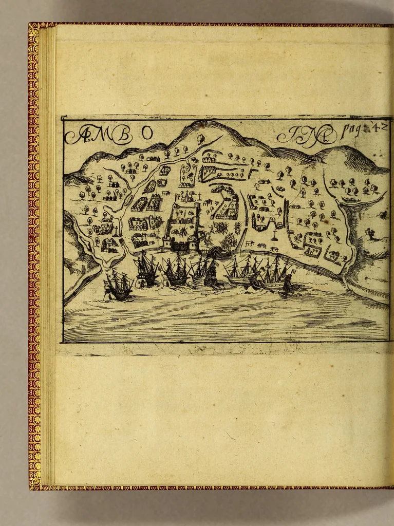 An illustration from Neundte Schiffart, das ist: Gründtliche Erklärung, was sich mit den Holl- vnnd Seeländern in Ost-Indien Anno 1604. vnd 1605. vnter dem Admiral Steffan von der Hagen zugetragen, : vnd wie sie endlich in jüngst abgeloffenem Aprili mit zwey Schiffen in Hollandt ankommen, 1606, leaf 56