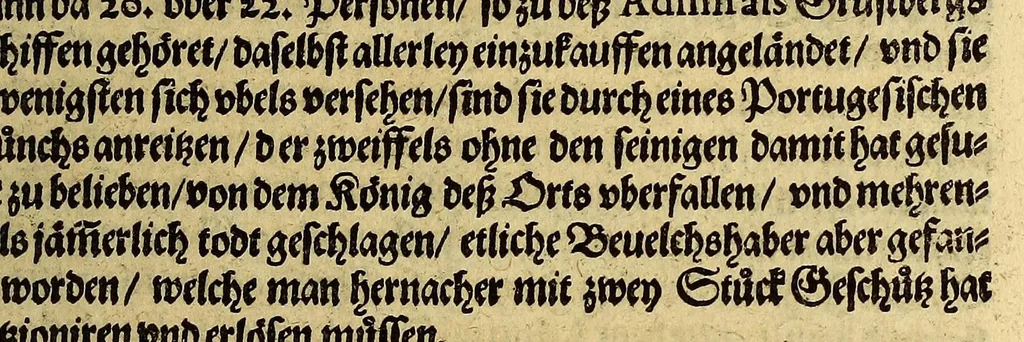 An illustration from Neundte Schiffart, das ist: Gründliche Erklärung, was sich mit den Holl- vnd Seeländern in Ost-Indien Anno 1604. vnd 1605. vnter dem Admiral Steffan von der Hagen zugetragen, : vnd wie sie endlich in jünst abgeloffenem Aprili mit zwey Schiffen in Hollandt ankommen, 1612, leaf 15