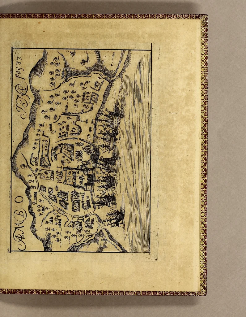 An illustration from Neundte Schiffart, das ist: Gründliche Erklärung, was sich mit den Holl- vnd Seeländern in Ost-Indien Anno 1604. vnd 1605. vnter dem Admiral Steffan von der Hagen zugetragen, : vnd wie sie endlich in jünst abgeloffenem Aprili mit zwey Schiffen in Hollandt ankommen, 1612, leaf 49