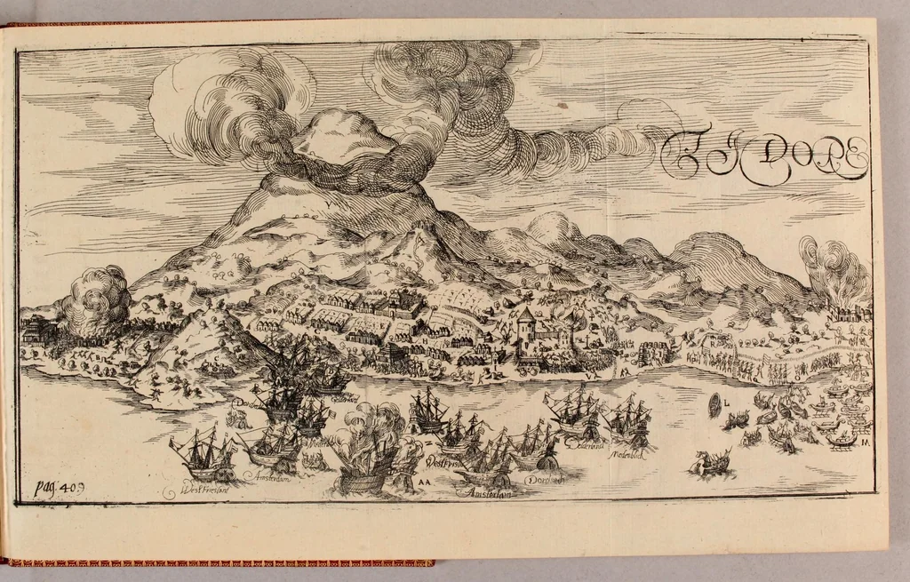 An illustration from Neundte Schiffart, das ist: Gründliche Erklärung, was sich mit den Holl- vnd Seeländern in Ost-Indien Anno 1604. vnd 1605. vnter dem Admiral Steffan von der Hagen zugetragen, : vnd wie sie endlich in jünst abgeloffenem Aprili mit zwey Schiffen in Hollandt ankommen, 1612, leaf 55