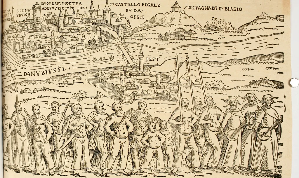 An illustration from Neuwe Chronica türckischer Nation von Türcken selbs beschrieben: volgendts gemehrt vnnd in vier Bücher abgetheilt. Das erst, Gitabi Teuarichi, Chronic oder Zeitbuch der Fürsten osmanischen stammens, von ihrem Ursprung .. biss auff den Sultan Suleiman Chan vnd das 1550. Jar Christi: welches... Herr Jeronymus Beck von Leopoldstorff [et]c. im nechst folgenden 1551. Jar von Constantinopol mit sich bracht. Das ander, von türckischen Geschichten, die nach dem 1550. Jar Christi biss auffs 1590. sich zugetragen. Das dritt, Pandectes türckischer Histori, das ist, vollkomner Bericht allerley türckischer Sachen vnd Erklärung derselben. Das viert, Etliche particular Beschreibungen mercklicher vnd zur türckischen Histori gehörigen Geschicht, 1590, leaf 129