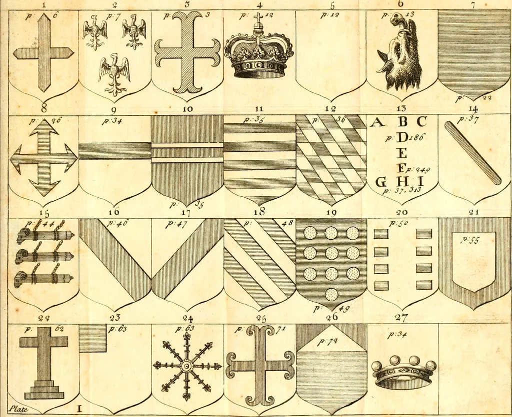 An illustration from A new dictionary of heraldry ... : and a concise account of the most noted orders of knighthood that are or have been, and of honours and dignities ecclesiastical, civil, or military .., 1725, leaf 374