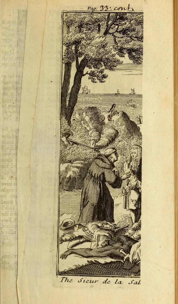 An illustration from A new discovery of a vast country in America : extending above four thousand miles, between New France and New Mexico : with a description of the Great Lakes, cataracts, rivers, plants, and animals : also, the manners, customs, and languages of the several native Indians; and the advantage of commerce with those different nations : with a continuation giving an account of the attempts of the Sieur de la Salle upon the mines of St. Barbe, &c. : the taking of Quebec by the English; with the advantages of a shorter cut to China and Japan : both parts illustrated with maps, and figures ..., 1698, leaf 403
