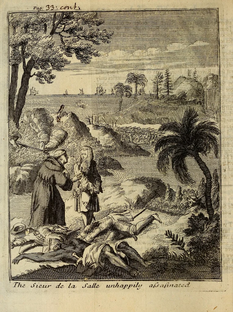 An illustration from A new discovery of a vast country in America : extending above four thousand miles, between New France and New Mexico : with a description of the Great Lakes, cataracts, rivers, plants, and animals : also, the manners, customs, and languages of the several native Indians; and the advantage of commerce with those different nations : with a continuation giving an account of the attempts of the Sieur de la Salle upon the mines of St. Barbe, &c. : the taking of Quebec by the English; with the advantages of a shorter cut to China and Japan : both parts illustrated with maps, and figures ..., 1698, leaf 404