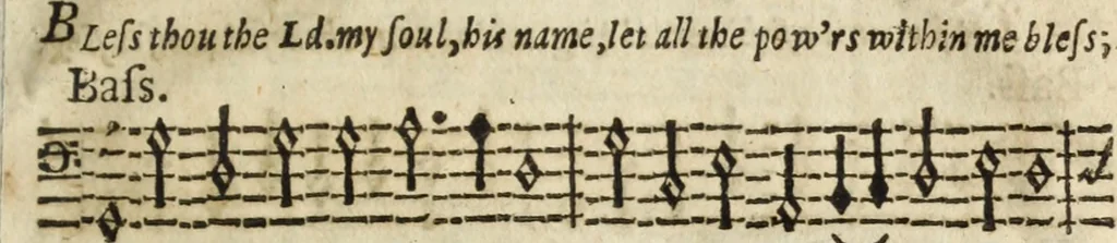 An illustration from A new and easie method to learn to sing by book : whereby one (who hath a good voice and ear) may, without other help, learn to sing true by notes : design'd chiefly for, and applied to, the promoting of psalmody; and furnished with variety of psalm tunes in parts, with directions for that kind of singing .., 1686, leaf 110