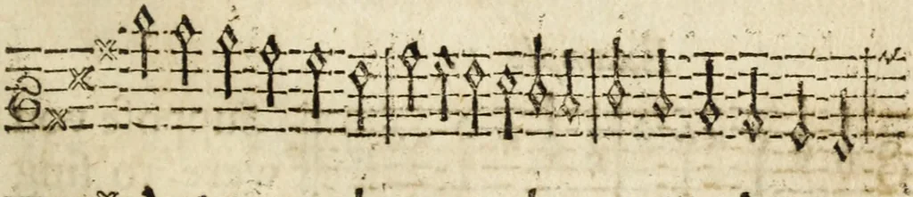 An illustration from A new and easie method to learn to sing by book : whereby one (who hath a good voice and ear) may, without other help, learn to sing true by notes : design'd chiefly for, and applied to, the promoting of psalmody; and furnished with variety of psalm tunes in parts, with directions for that kind of singing .., 1686, leaf 54