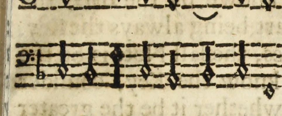 An illustration from A new and easie method to learn to sing by book : whereby one (who hath a good voice and ear) may, without other help, learn to sing true by notes : design'd chiefly for, and applied to, the promoting of psalmody; and furnished with variety of psalm tunes in parts, with directions for that kind of singing .., 1686, leaf 86