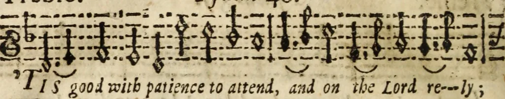 An illustration from A new and easie method to learn to sing by book : whereby one (who hath a good voice and ear) may, without other help, learn to sing true by notes : design'd chiefly for, and applied to, the promoting of psalmody; and furnished with variety of psalm tunes in parts, with directions for that kind of singing .., 1686, leaf 95