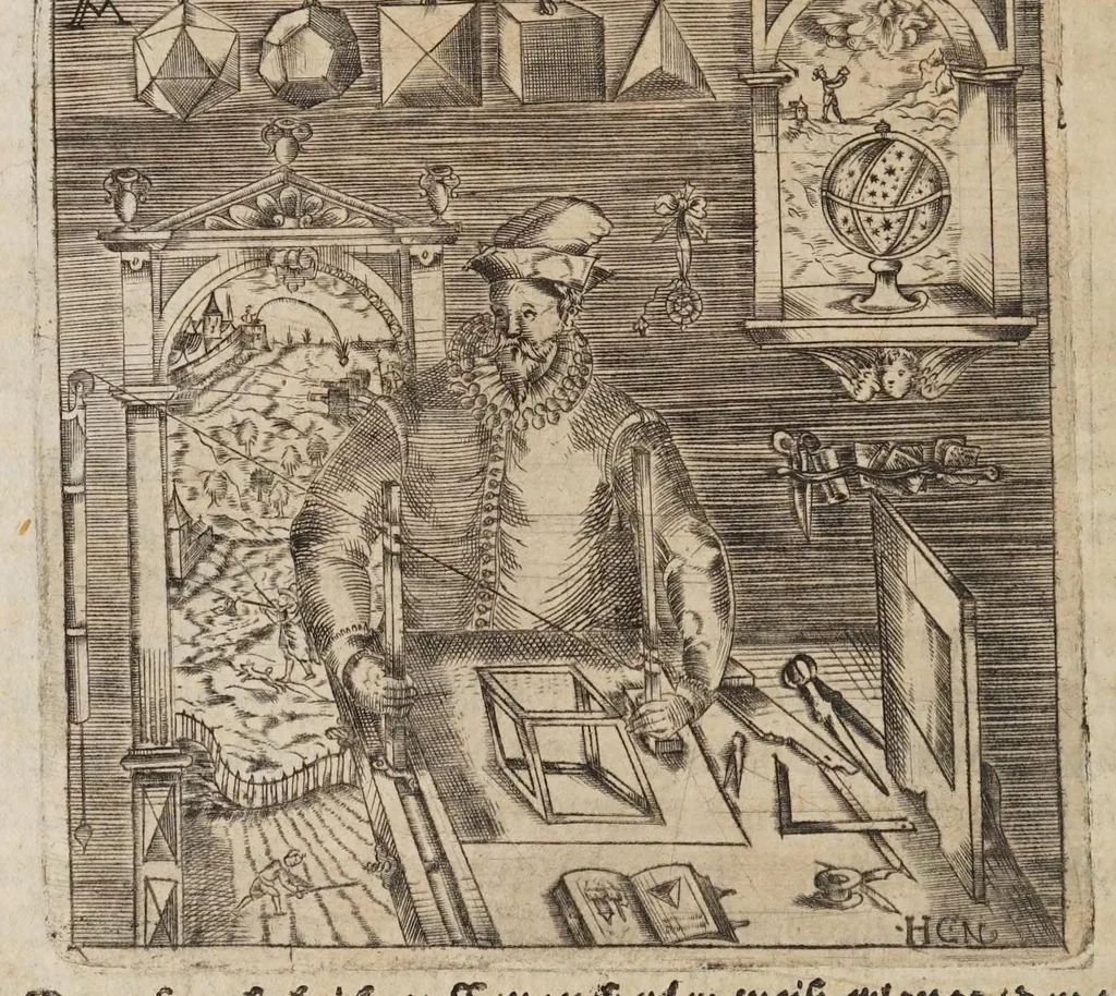 An illustration from Newe geometrische vnd perspectiuische Inuentiones etlicher sonderbahrer Instrument, die zum perspectiuischen Grundreissen der Pasteyen vnnd Vestungen, wie auch zum planimetrischen Grundlegen der Stätt, Feldläger vnd Landtschafften, dessgleichen zur Büchsenmeisterey sehr nützlich vnnd gebrauchsam seynd : auss demonstriertem vnnd bewehrtem Fundament zusammen geordnet, vnd mit verständlichen Kupfferstücken in Truck gegeben, 1610, leaf 42