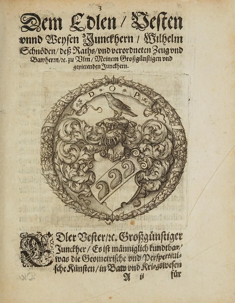 An illustration from Newe geometrische vnd perspectiuische Inuentiones etlicher sonderbahrer Instrument, die zum perspectiuischen Grundreissen der Pasteyen vnnd Vestungen, wie auch zum planimetrischen Grundlegen der Stätt, Feldläger vnd Landtschafften, dessgleichen zur Büchsenmeisterey sehr nützlich vnnd gebrauchsam seynd : auss demonstriertem vnnd bewehrtem Fundament zusammen geordnet, vnd mit verständlichen Kupfferstücken in Truck gegeben, 1610, leaf 7