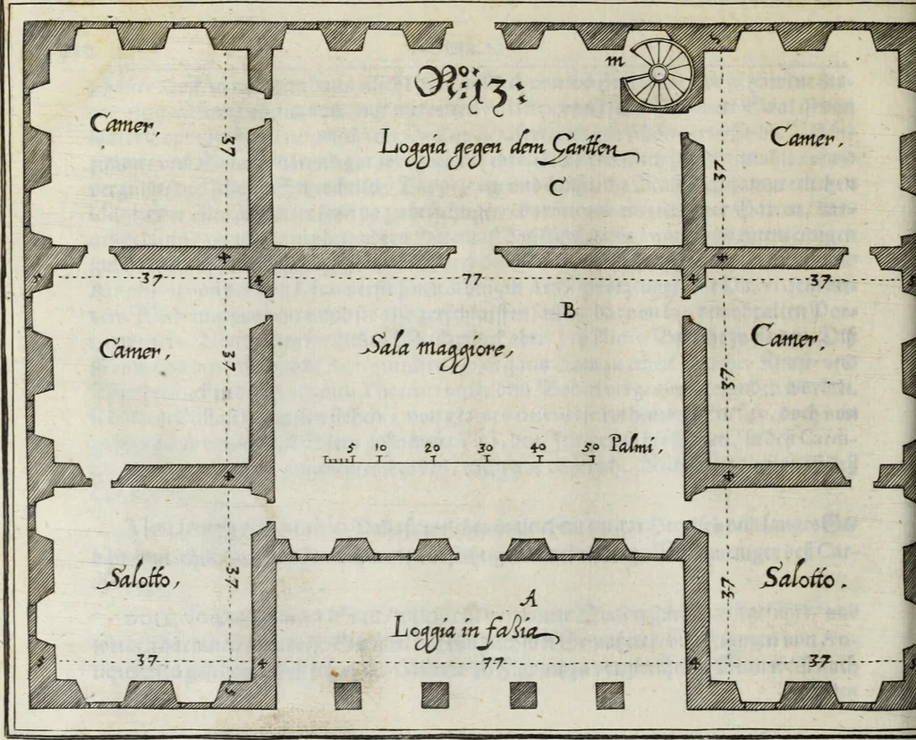 An illustration from Newes itinerarium Italiae : in welchem der Reisende nicht allein gründtlichen Bericht, durch die herzlichste namhaffteste Örter Italiae sein Reiss wol zubestellen, sonder es wirdt jhme auch gantz eygentlich beschriben, was allda als in einem Lustgarten di Europe ... an Sitten vnd Gewonheiten, im Geistlichen vnd Politischen, an mechanischen Wercken zu Land vnd zu Wasser, vnd also an Gebäwen ... denckwürdig zu sehen : alles ... an Tag gegeben ..., 1627, leaf 184