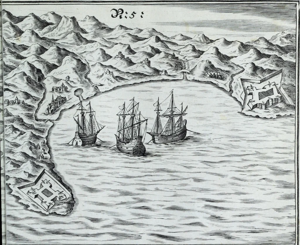 An illustration from Newes itinerarium Italiae : in welchem der Reisende nicht allein gründtlichen Bericht, durch die herzlichste namhaffteste Örter Italiae sein Reiss wol zubestellen, sonder es wirdt jhme auch gantz eygentlich beschriben, was allda als in einem Lustgarten di Europe ... an Sitten vnd Gewonheiten, im Geistlichen vnd Politischen, an mechanischen Wercken zu Land vnd zu Wasser, vnd also an Gebäwen ... denckwürdig zu sehen : alles ... an Tag gegeben ..., 1627, leaf 219