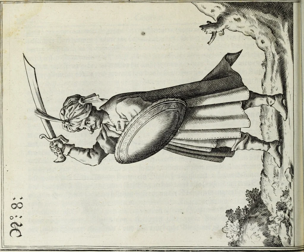 An illustration from Newes itinerarium Italiae : in welchem der Reisende nicht allein gründtlichen Bericht, durch die herzlichste namhaffteste Örter Italiae sein Reiss wol zubestellen, sonder es wirdt jhme auch gantz eygentlich beschriben, was allda als in einem Lustgarten di Europe ... an Sitten vnd Gewonheiten, im Geistlichen vnd Politischen, an mechanischen Wercken zu Land vnd zu Wasser, vnd also an Gebäwen ... denckwürdig zu sehen : alles ... an Tag gegeben ..., 1627, leaf 280