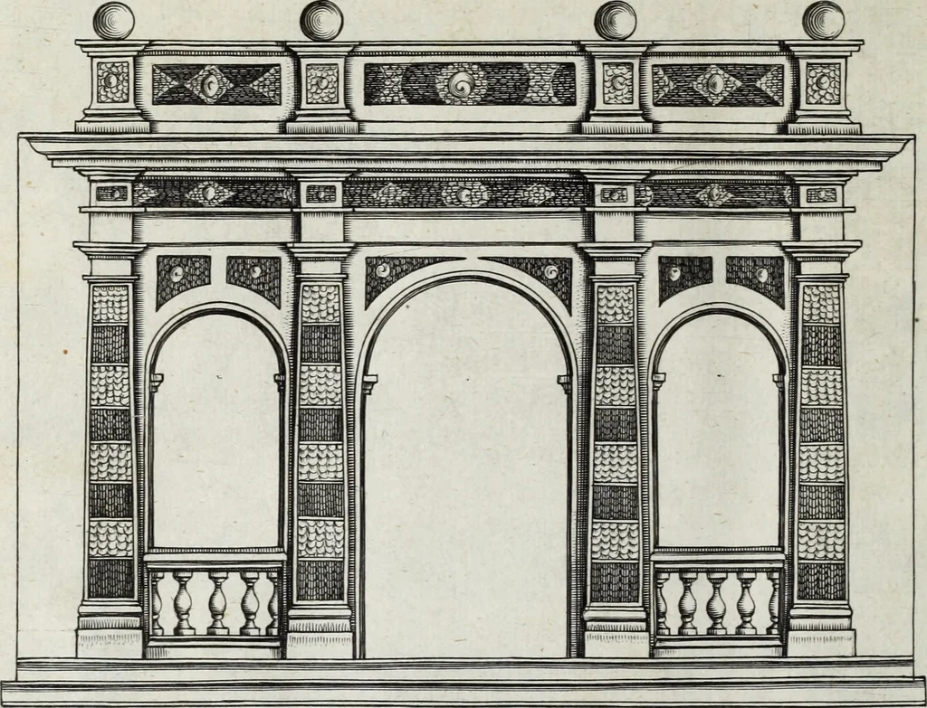 An illustration from Newes itinerarium Italiae : in welchem der Reisende nicht allein gründtlichen Bericht, durch die herzlichste namhaffteste Örter Italiae sein Reiss wol zubestellen, sonder es wirdt jhme auch gantz eygentlich beschriben, was allda als in einem Lustgarten di Europe ... an Sitten vnd Gewonheiten, im Geistlichen vnd Politischen, an mechanischen Wercken zu Land vnd zu Wasser, vnd also an Gebäwen ... denckwürdig zu sehen : alles ... an Tag gegeben ..., 1627, leaf 320