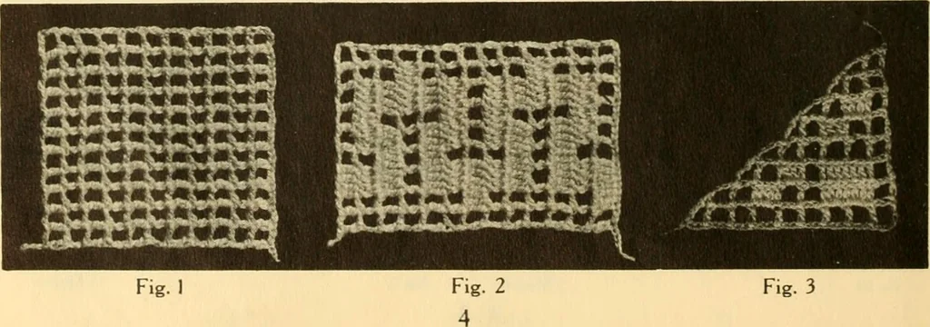 An illustration from The new filet crochet book; original designs which may be used also for cross-stitch and beadwork, with patterns represented in a new way, 1912, leaf 9
