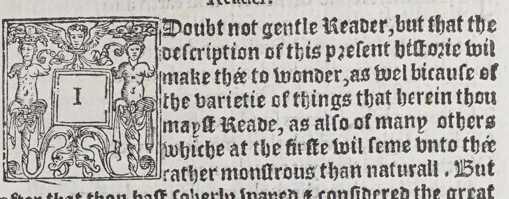 An illustration from The new found vvorlde, or Antarctike, : wherein is contained wo[n]derful and strange things, as well of humaine creatures, as beastes, fishes, and serpents, trées, plants, mines of golde and siluer: garnished with many learned aucthorities,, 1568, leaf 15