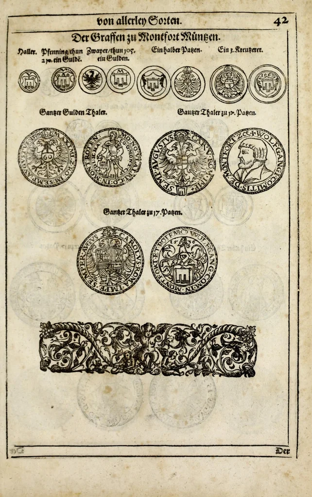 An illustration from New Müntz Buech : darinnen allerley gross vunnd kleine, silberne vnd guldene Sorten, vmb wichtiger Vrsach willen also fürgestelt werden, vnd erstlich der Römischen Kayserlichen vnd Königlichen Mayestat ... : darneben auch bäpstlicher Heiligkeit vnd der König in Hispanien, Portugal ... : dann auch der Italianischen Fürsten .., 1604, leaf 105