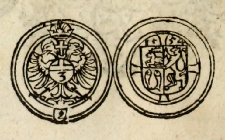 An illustration from New Müntz Buech : darinnen allerley gross vunnd kleine, silberne vnd guldene Sorten, vmb wichtiger Vrsach willen also fürgestelt werden, vnd erstlich der Römischen Kayserlichen vnd Königlichen Mayestat ... : darneben auch bäpstlicher Heiligkeit vnd der König in Hispanien, Portugal ... : dann auch der Italianischen Fürsten .., 1604, leaf 110