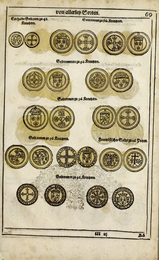 An illustration from New Müntz Buech : darinnen allerley gross vunnd kleine, silberne vnd guldene Sorten, vmb wichtiger Vrsach willen also fürgestelt werden, vnd erstlich der Römischen Kayserlichen vnd Königlichen Mayestat ... : darneben auch bäpstlicher Heiligkeit vnd der König in Hispanien, Portugal ... : dann auch der Italianischen Fürsten .., 1604, leaf 159