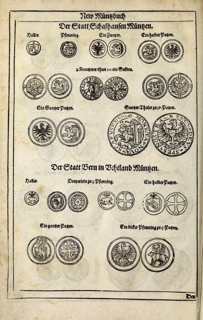 An illustration from New Müntz Buech : darinnen allerley gross vunnd kleine, silberne vnd guldene Sorten, vmb wichtiger Vrsach willen also fürgestelt werden, vnd erstlich der Römischen Kayserlichen vnd Königlichen Mayestat ... : darneben auch bäpstlicher Heiligkeit vnd der König in Hispanien, Portugal ... : dann auch der Italianischen Fürsten .., 1604, leaf 170
