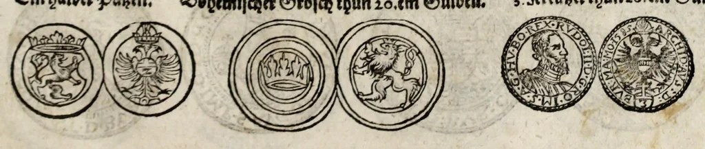 An illustration from New Müntz Buech : darinnen allerley gross vunnd kleine, silberne vnd guldene Sorten, vmb wichtiger Vrsach willen also fürgestelt werden, vnd erstlich der Römischen Kayserlichen vnd Königlichen Mayestat ... : darneben auch bäpstlicher Heiligkeit vnd der König in Hispanien, Portugal ... : dann auch der Italianischen Fürsten .., 1604, leaf 33