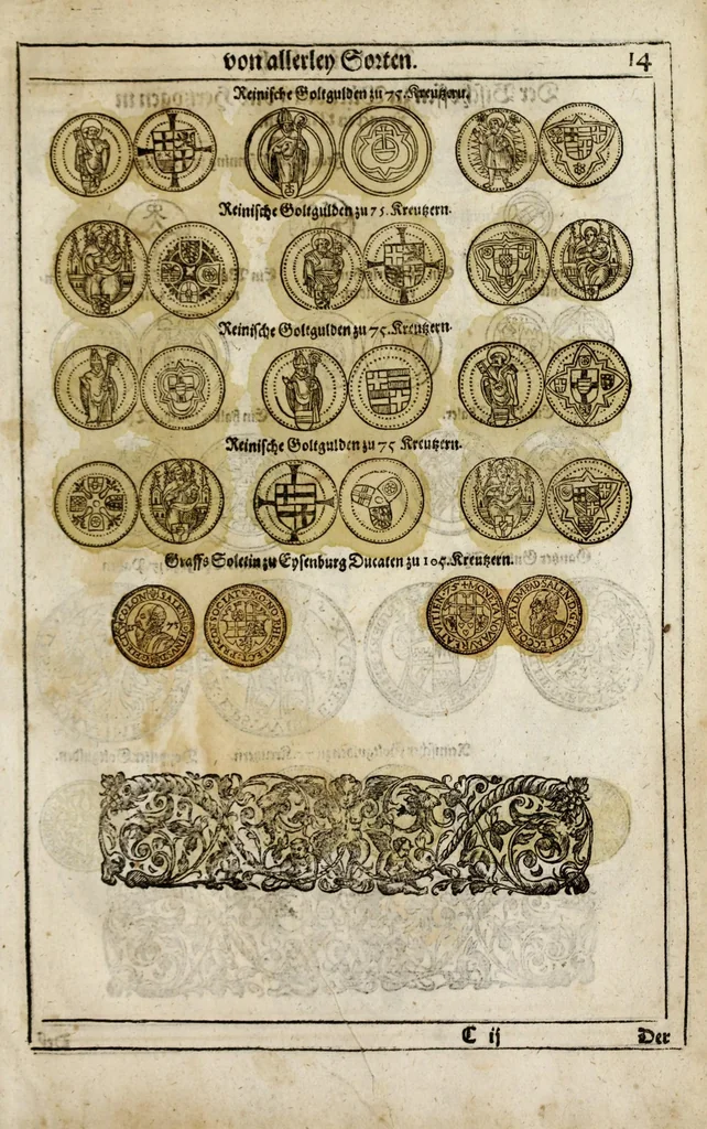 An illustration from New Müntz Buech : darinnen allerley gross vunnd kleine, silberne vnd guldene Sorten, vmb wichtiger Vrsach willen also fürgestelt werden, vnd erstlich der Römischen Kayserlichen vnd Königlichen Mayestat ... : darneben auch bäpstlicher Heiligkeit vnd der König in Hispanien, Portugal ... : dann auch der Italianischen Fürsten .., 1604, leaf 45