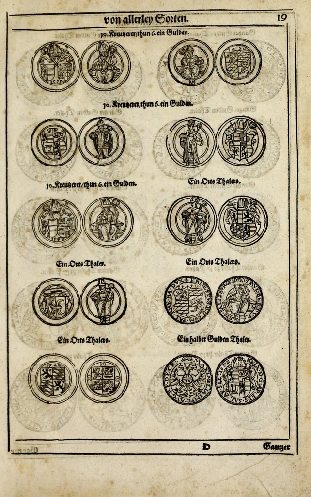 An illustration from New Müntz Buech : darinnen allerley gross vunnd kleine, silberne vnd guldene Sorten, vmb wichtiger Vrsach willen also fürgestelt werden, vnd erstlich der Römischen Kayserlichen vnd Königlichen Mayestat ... : darneben auch bäpstlicher Heiligkeit vnd der König in Hispanien, Portugal ... : dann auch der Italianischen Fürsten .., 1604, leaf 55