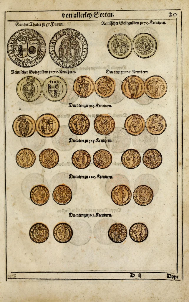An illustration from New Müntz Buech : darinnen allerley gross vunnd kleine, silberne vnd guldene Sorten, vmb wichtiger Vrsach willen also fürgestelt werden, vnd erstlich der Römischen Kayserlichen vnd Königlichen Mayestat ... : darneben auch bäpstlicher Heiligkeit vnd der König in Hispanien, Portugal ... : dann auch der Italianischen Fürsten .., 1604, leaf 57