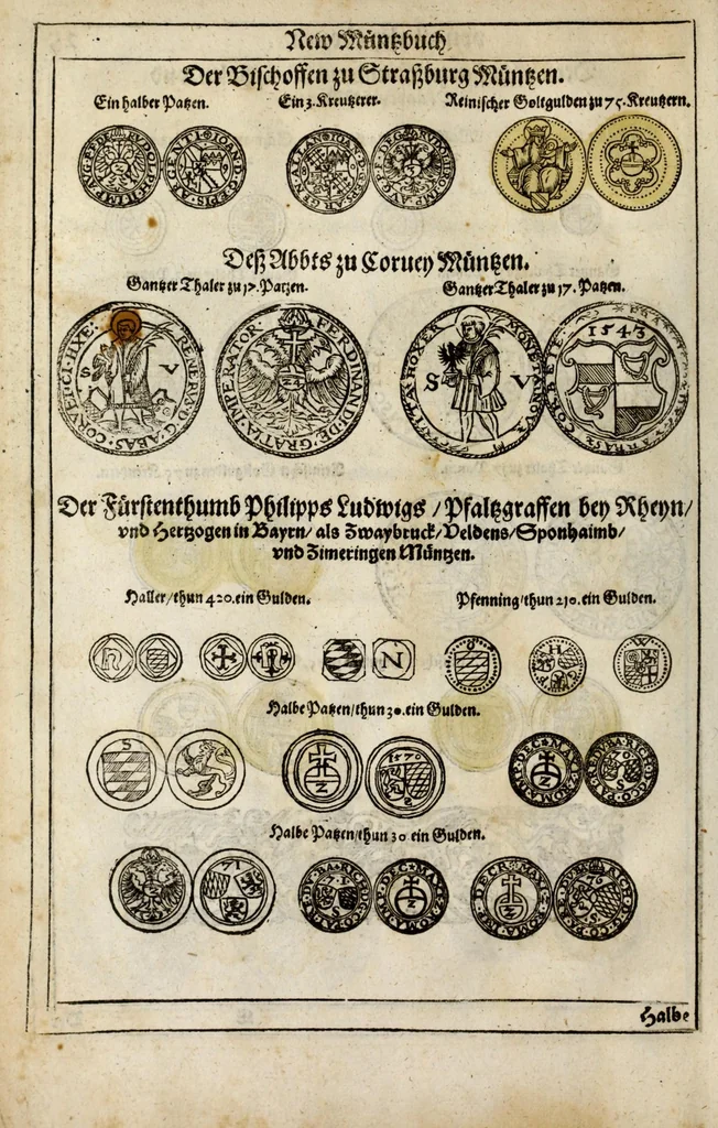 An illustration from New Müntz Buech : darinnen allerley gross vunnd kleine, silberne vnd guldene Sorten, vmb wichtiger Vrsach willen also fürgestelt werden, vnd erstlich der Römischen Kayserlichen vnd Königlichen Mayestat ... : darneben auch bäpstlicher Heiligkeit vnd der König in Hispanien, Portugal ... : dann auch der Italianischen Fürsten .., 1604, leaf 68