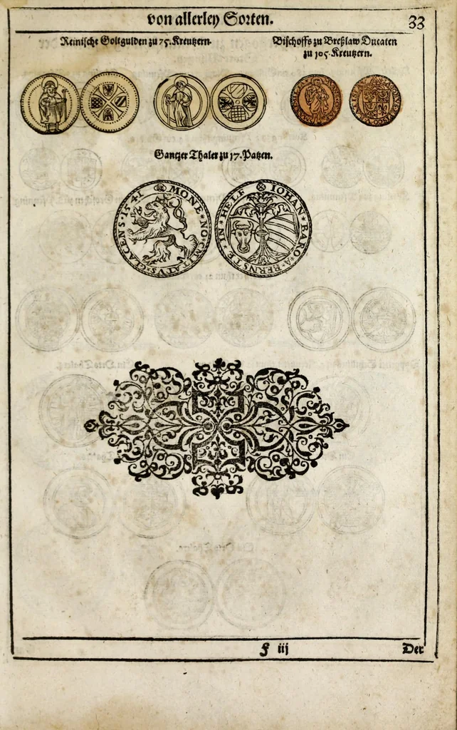 An illustration from New Müntz Buech : darinnen allerley gross vunnd kleine, silberne vnd guldene Sorten, vmb wichtiger Vrsach willen also fürgestelt werden, vnd erstlich der Römischen Kayserlichen vnd Königlichen Mayestat ... : darneben auch bäpstlicher Heiligkeit vnd der König in Hispanien, Portugal ... : dann auch der Italianischen Fürsten .., 1604, leaf 87