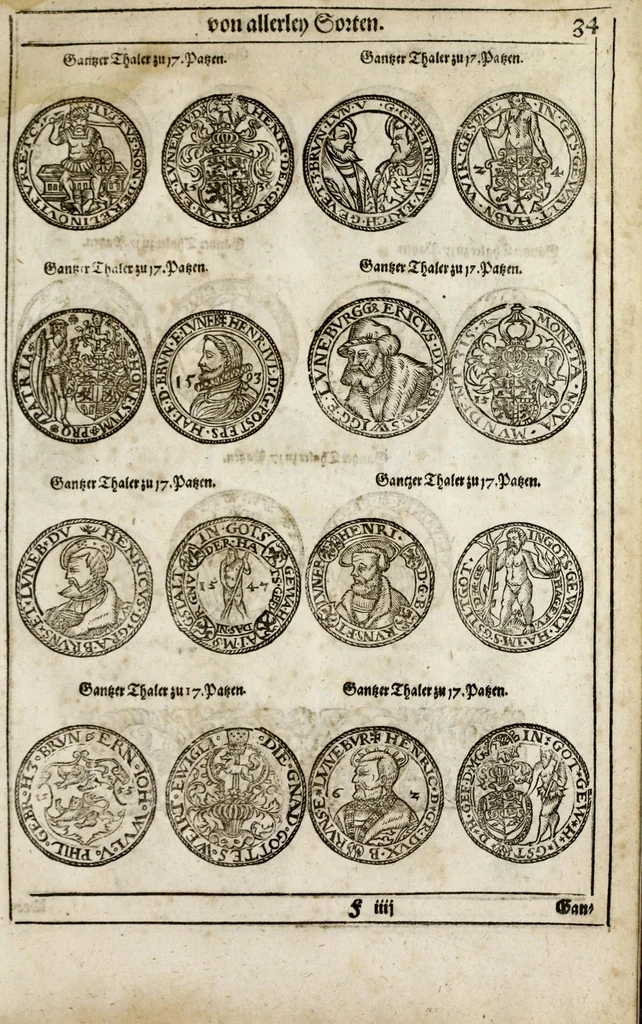 An illustration from New Müntz Buech : darinnen allerley gross vunnd kleine, silberne vnd guldene Sorten, vmb wichtiger Vrsach willen also fürgestelt werden, vnd erstlich der Römischen Kayserlichen vnd Königlichen Mayestat ... : darneben auch bäpstlicher Heiligkeit vnd der König in Hispanien, Portugal ... : dann auch der Italianischen Fürsten .., 1604, leaf 89