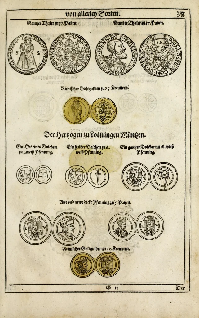 An illustration from New Müntz Buech : darinnen allerley gross vunnd kleine, silberne vnd guldene Sorten, vmb wichtiger Vrsach willen also fürgestelt werden, vnd erstlich der Römischen Kayserlichen vnd Königlichen Mayestat ... : darneben auch bäpstlicher Heiligkeit vnd der König in Hispanien, Portugal ... : dann auch der Italianischen Fürsten .., 1604, leaf 97