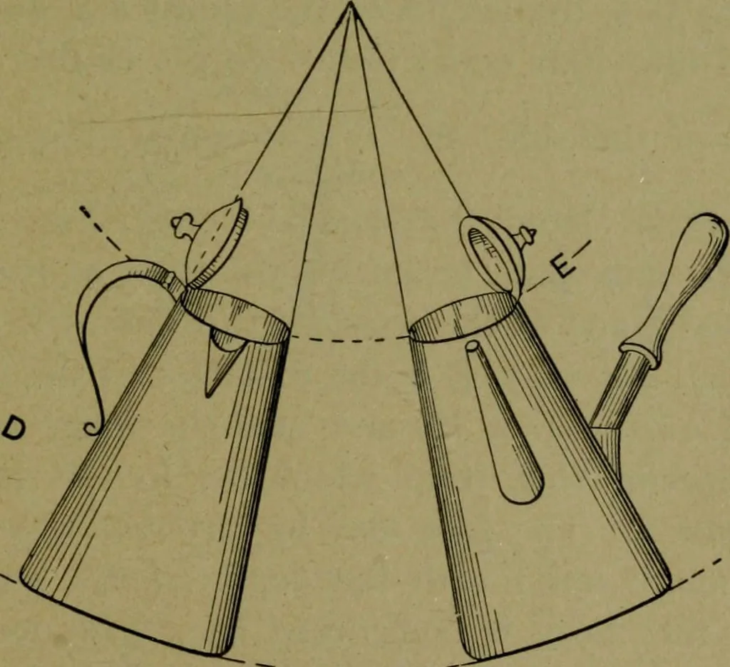 An illustration from A new and original treatise on the geometrical development of round and oval cones, with easy examples of their application : for the use of beginners and practical sheet iron and tin plate workers, 1904, leaf 14